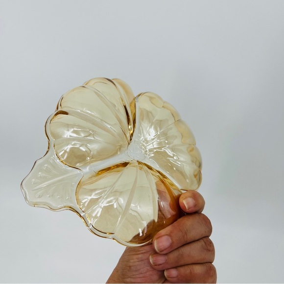 Jeanette Glass Marigold MCM Carnival Glass Candy 3-Section Leaf Clover Dish Vtg - Picture 9 of 10